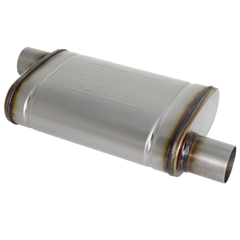 aFe MACH Force-Xp 409 SS Muffler 2.5in Offset Inlet/2.5in Offset Outlet 14in L x 9in W x 4in H Body