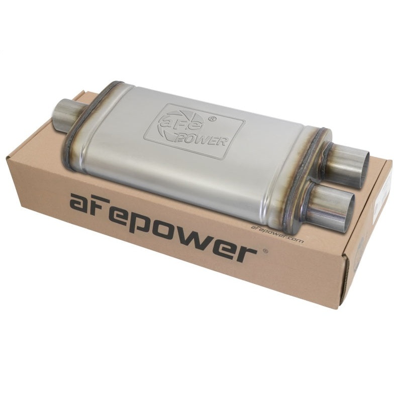 aFe MACHForce XP SS Muffler 2.5in Center Inlet / 2.5in Dual Outlets 18in L x 9in W x 4in H Body