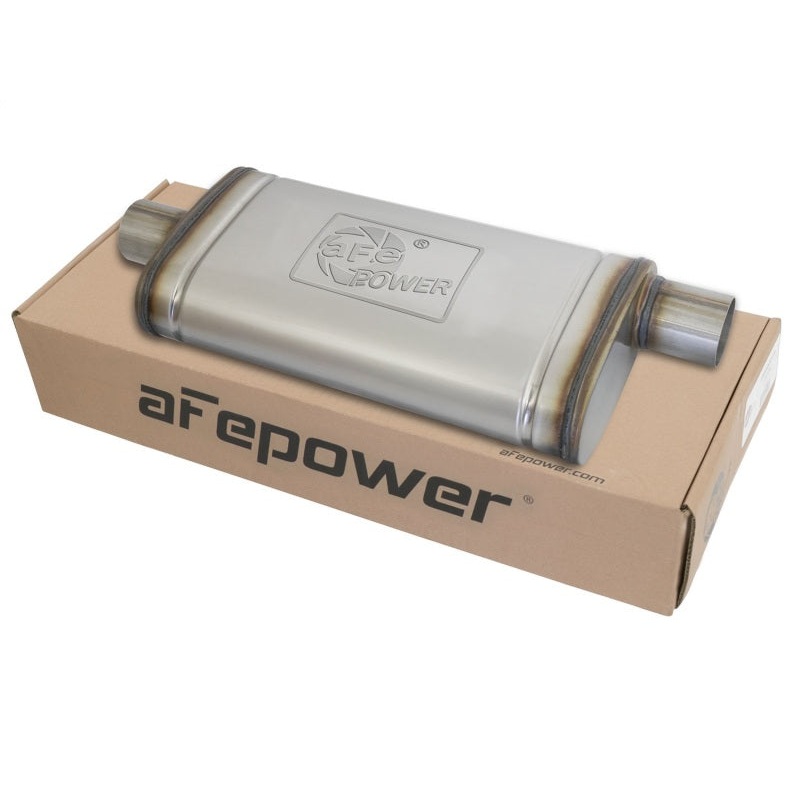 aFe MACHForce XP SS Muffler 2.5in Center Inlet / 2.5in Offset Outlet 18in L x 9in W x4in H Body