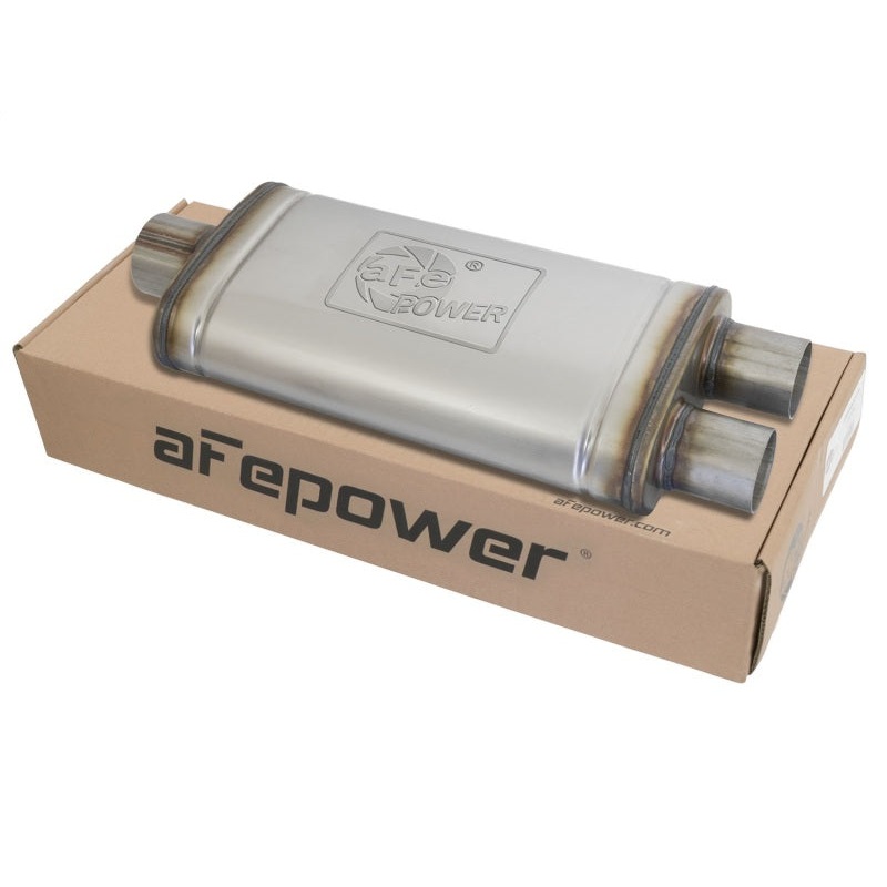 aFe MACHForce XP SS Muffler 3in Center Inlet / 2.5in Dual Outlets 18in L x 9in W x4in H Body