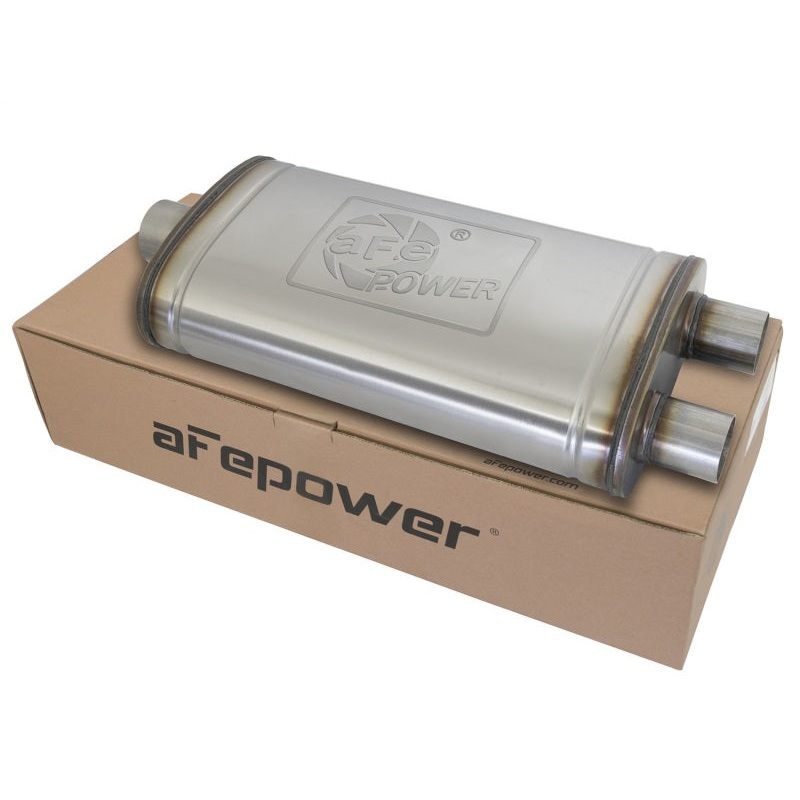 aFe MACHForce XP SS Muffler 3in Center Inlet / 2.5in Dual Outlets 22in L x 11in W x 6in H Body