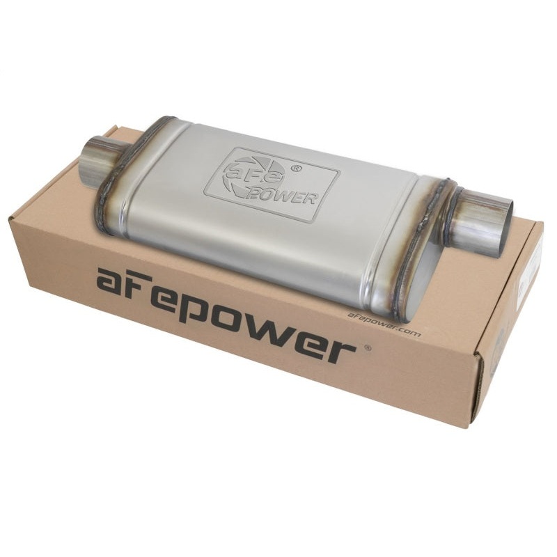 aFe MACHForce XP SS Muffler 3in Center Inlet / 3in Offset Outlet 18in L x 9in W x4in H Body