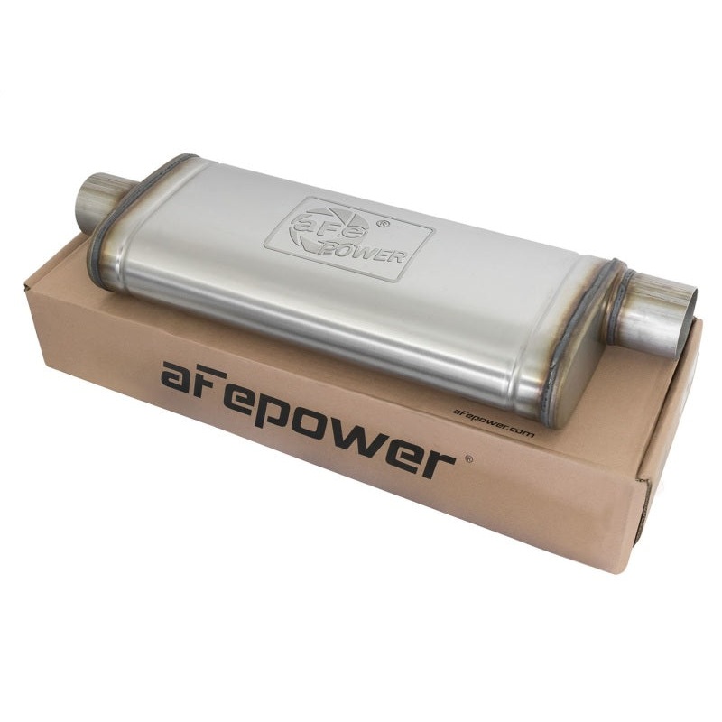 aFe MACHForce XP SS Muffler 3in Center Inlet / 3in Offset Outlet 22in L x 9in W x4in H Body