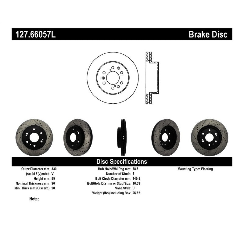 StopTech 05-10 GMC Sierra 1500 (w Rear Drum) / 07-09 GMC Yukon Front Left Slotted & Drilled Rotor